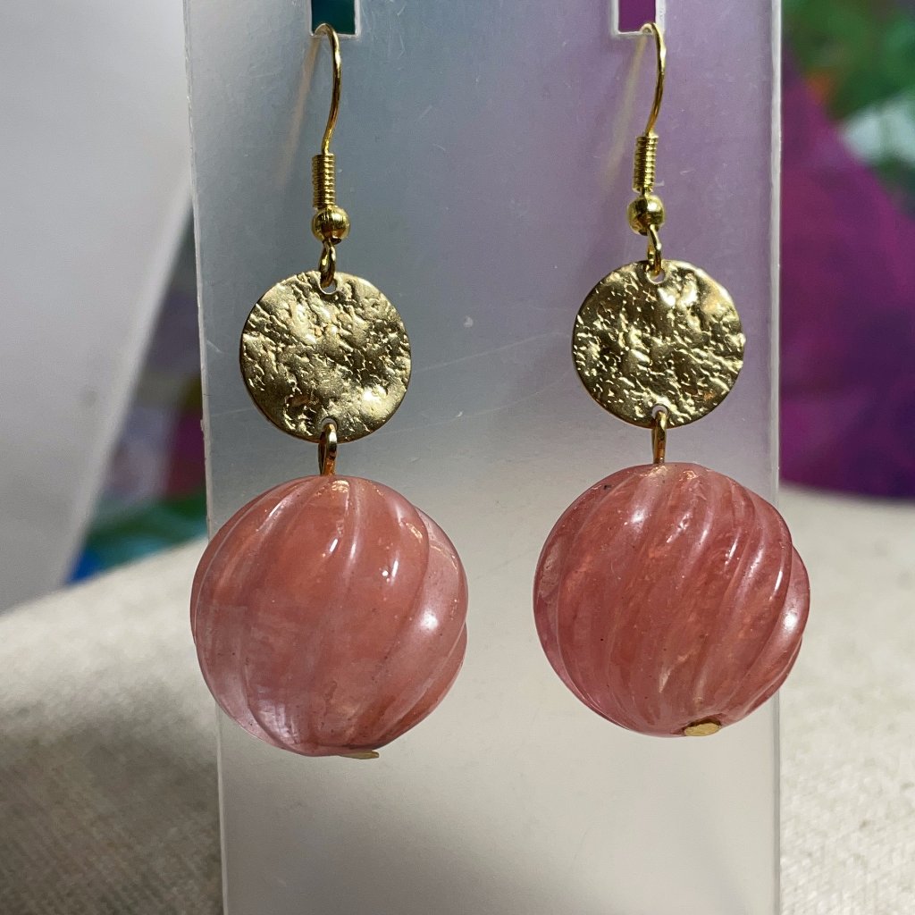 Cherry Quartz Chunky Carved Beaded Handmade Dangle Pierced Earrings 2 L New 38$
